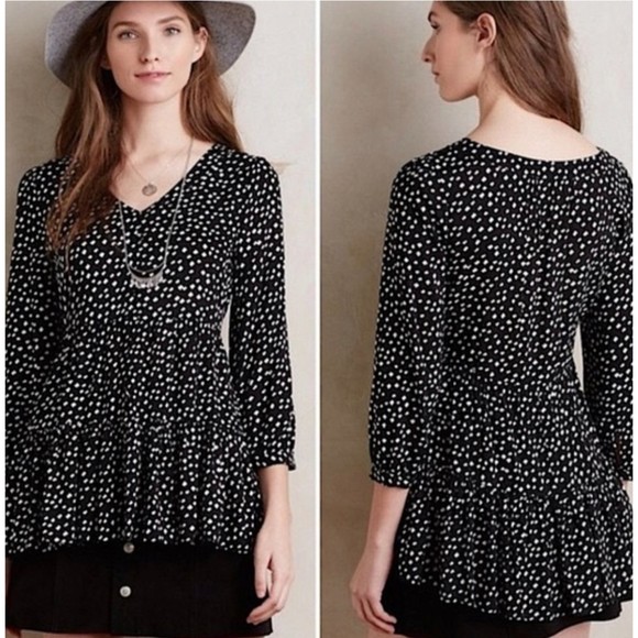 MAEVE White Black Polka Dot Peplum 3/4 Sleeve Blouse - Picture 1 of 7